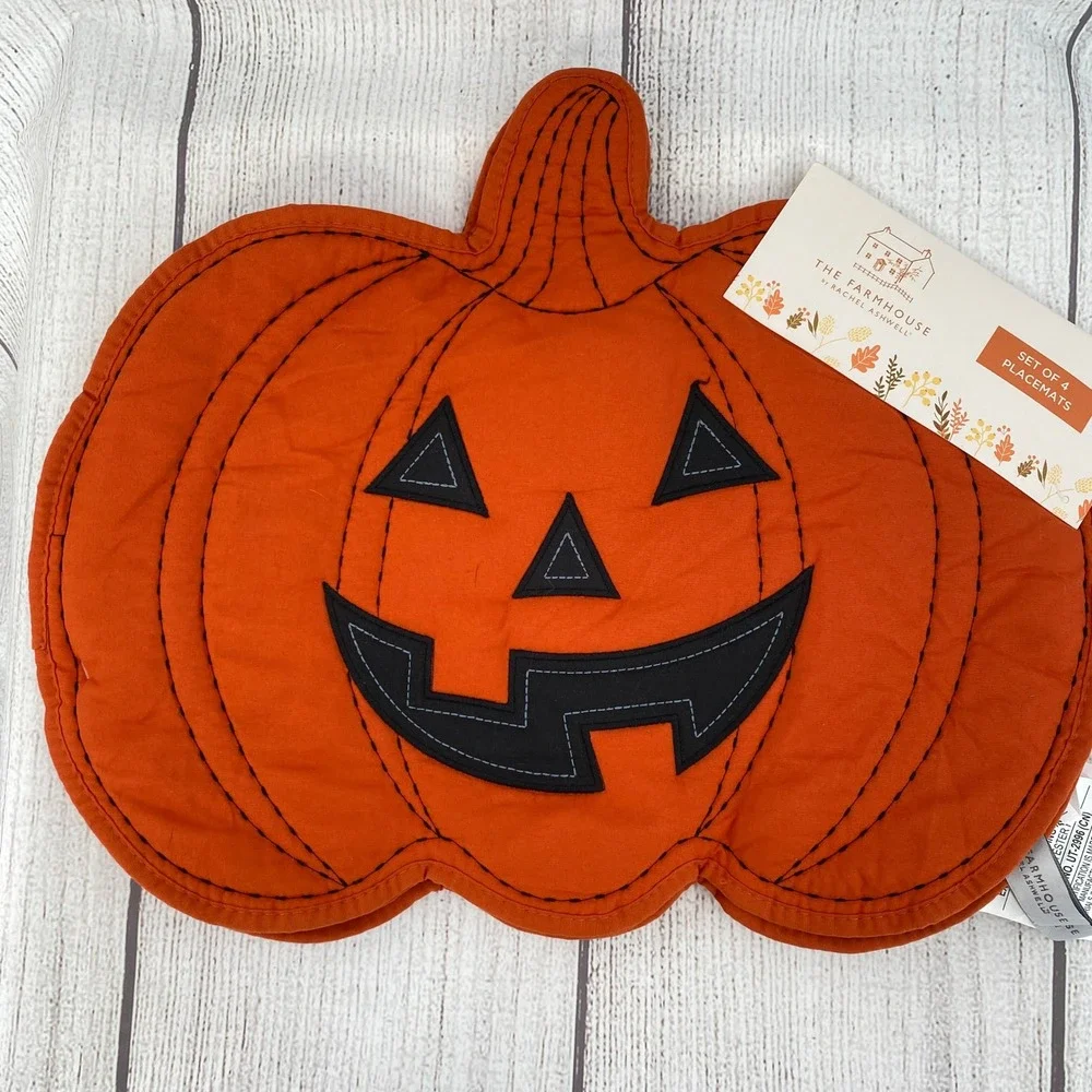 Rachel Ashwell Placemats (4) Orange Pumpkin Jack O Lantern Halloween Quilted